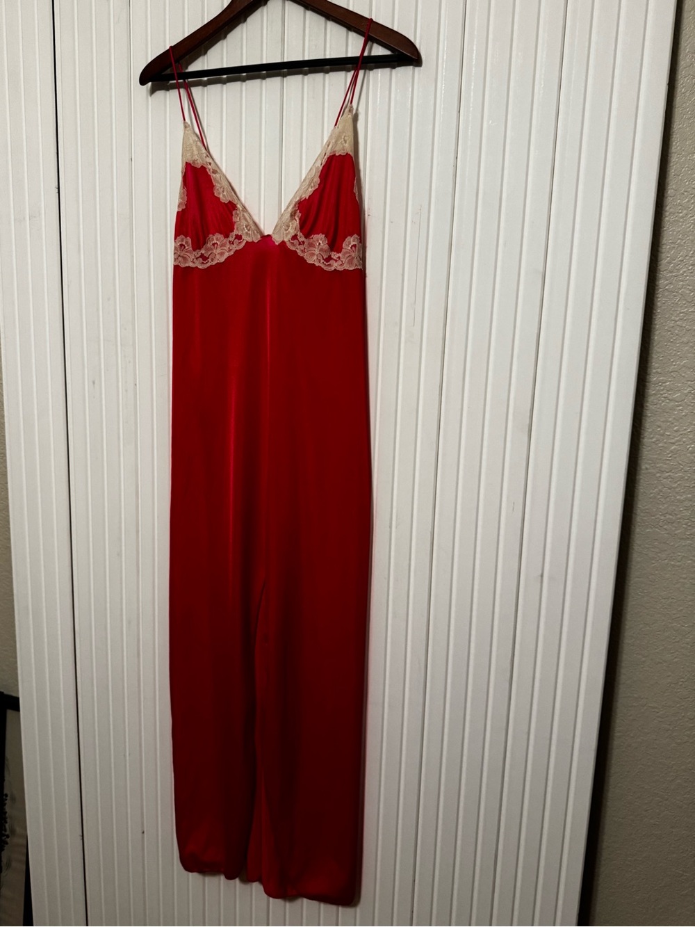 Vintage Nightgown Slip Dress Union Made Red Nylon Lace Trim Sleeveless Maxi
